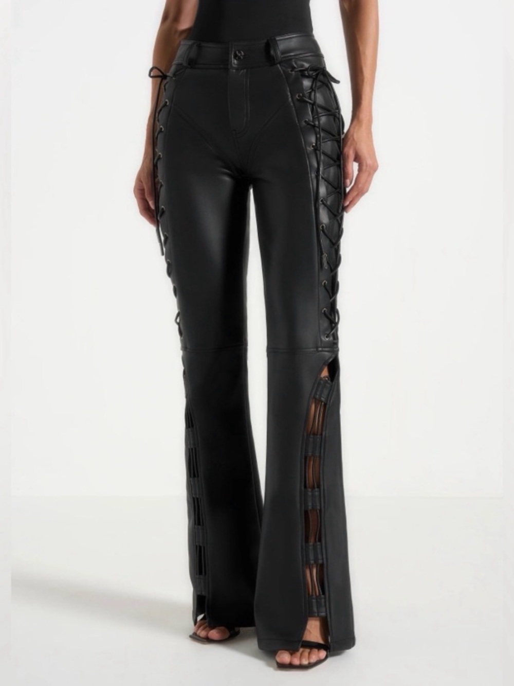 Maniere De Voir Black Lace-Up Faux Leather Flared Pants